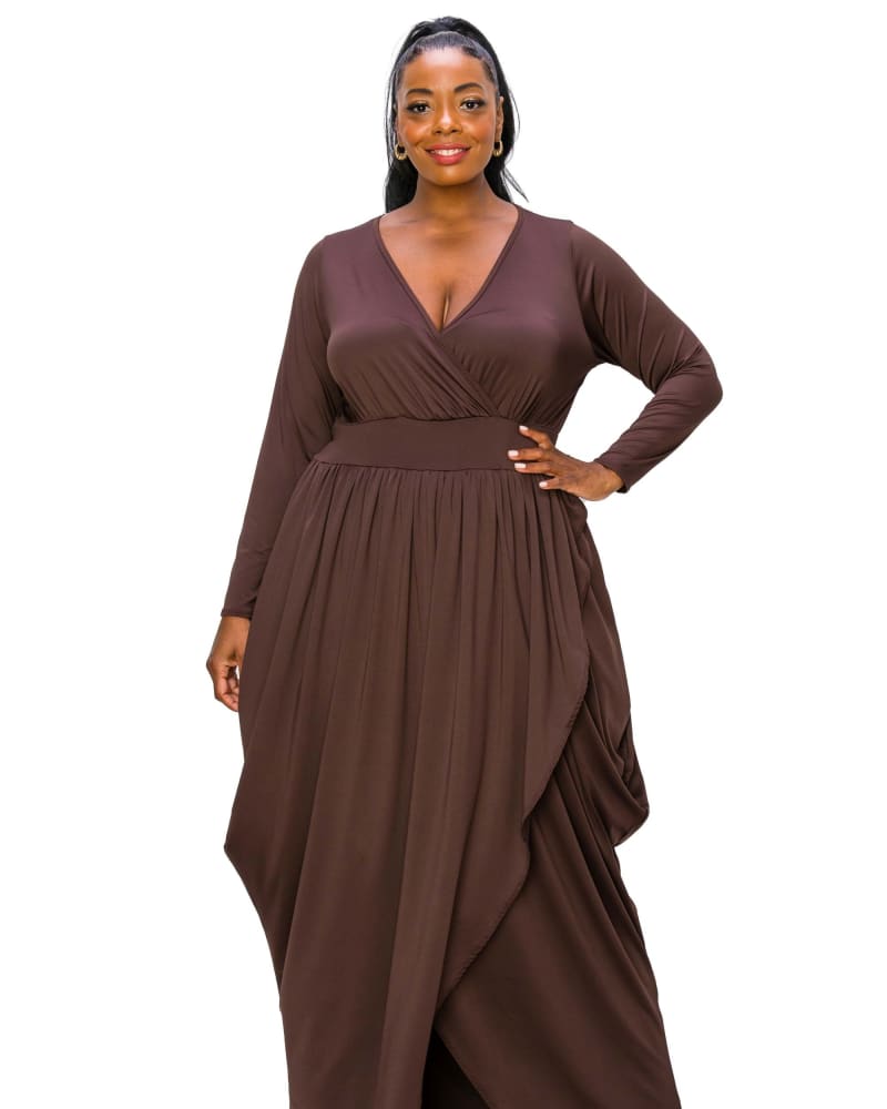 Front of a model wearing a size 3X Giuliana Tulip Hem Maxi Dress in Brown by L I V D. | dia_product_style_image_id:309585